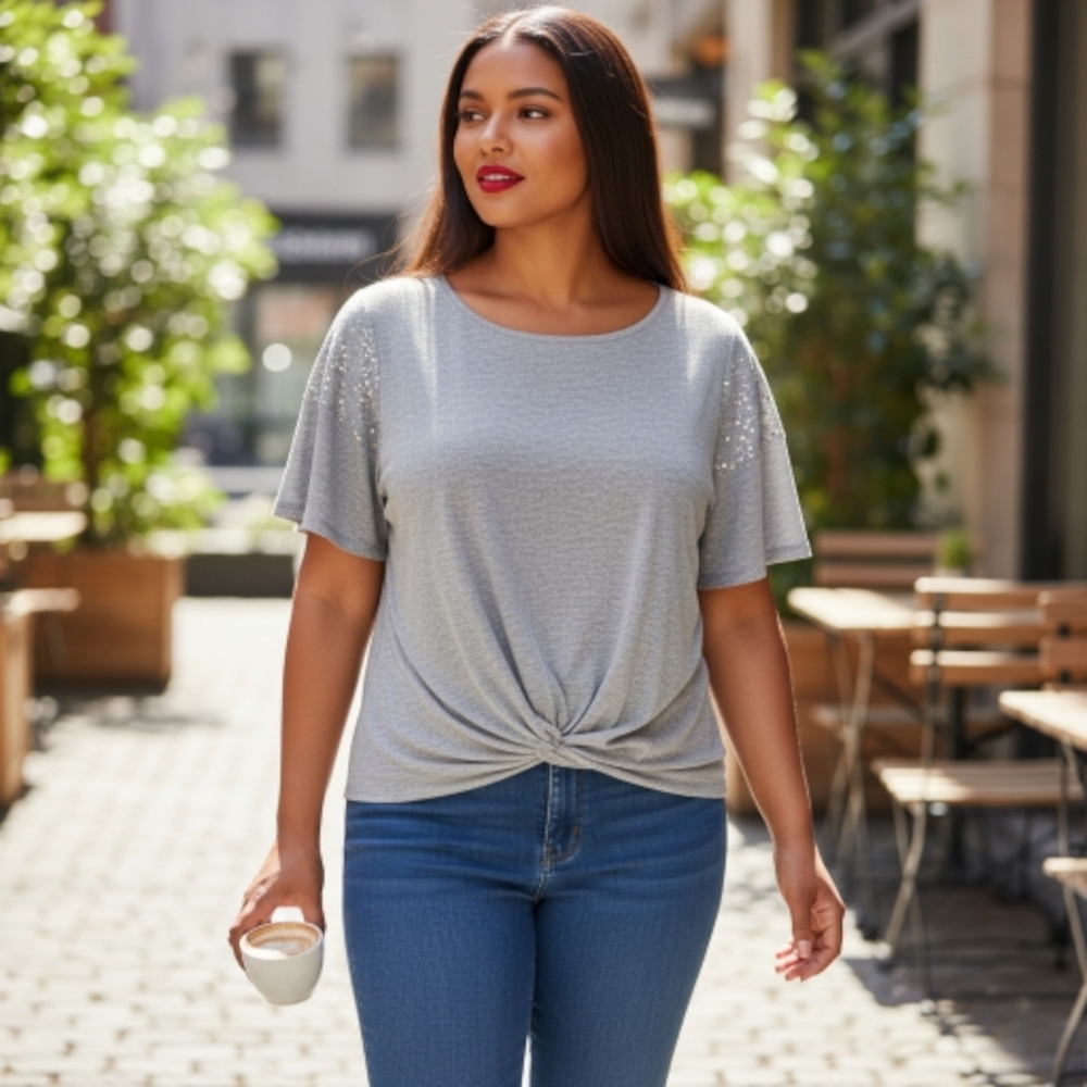 Star Vixen  Gray twist front top with sparkle sleeve